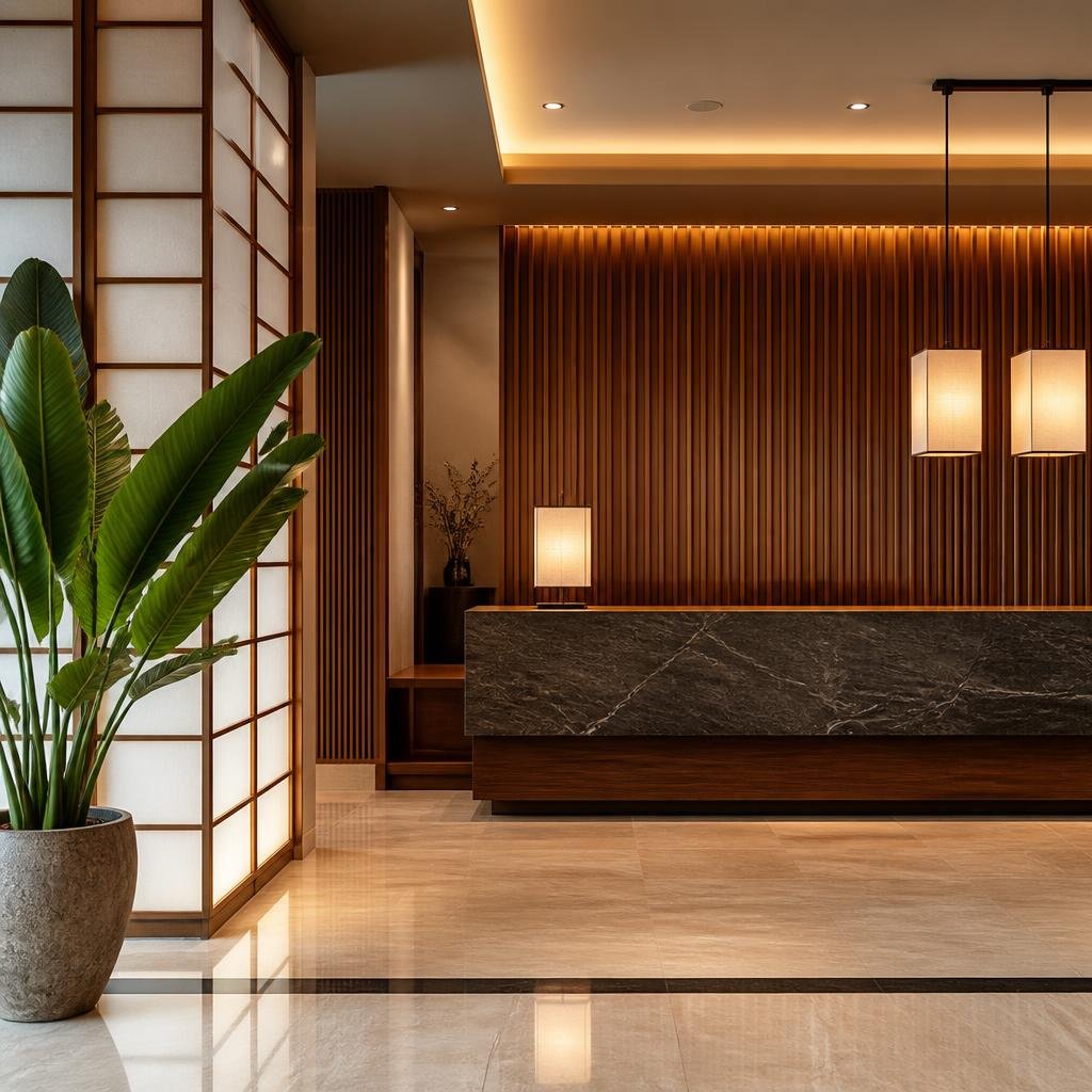 Takara Hotel lobby with shoji doors and natural wood
